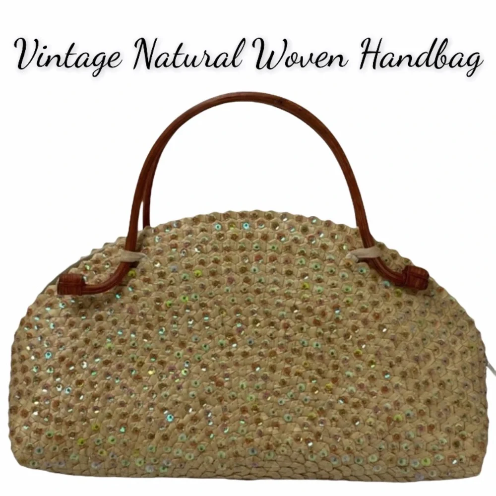 Vintage Handbag Woven Bamboo Wood Handle Sequins Handmade Bag Hand Crafted Purse